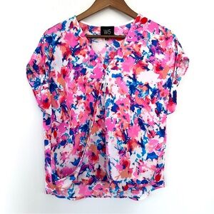 W5 Pink and Blue Print Blouse, v-neck, loose fit/oversized, high-low hem